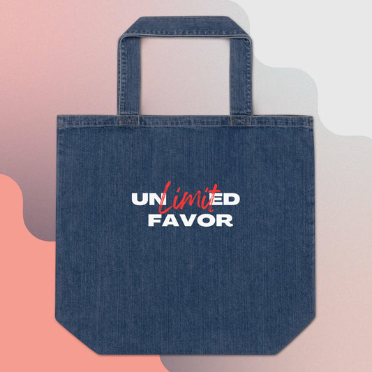 Unlimited Favor Christian Organic denim tote bag