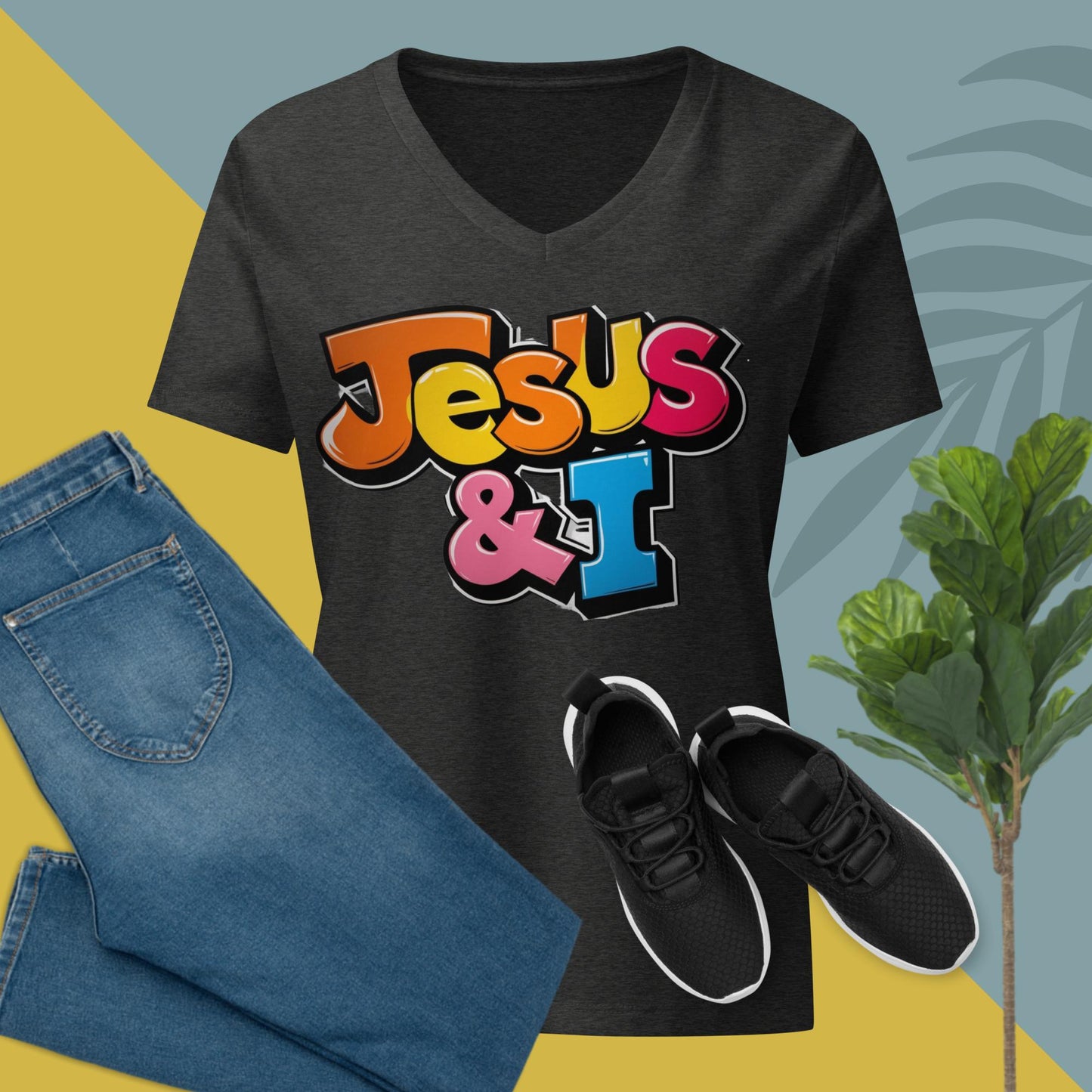 Jesus& I Large Print Color Cartoon Fun Font Women’s relaxed v-neck t-shirt