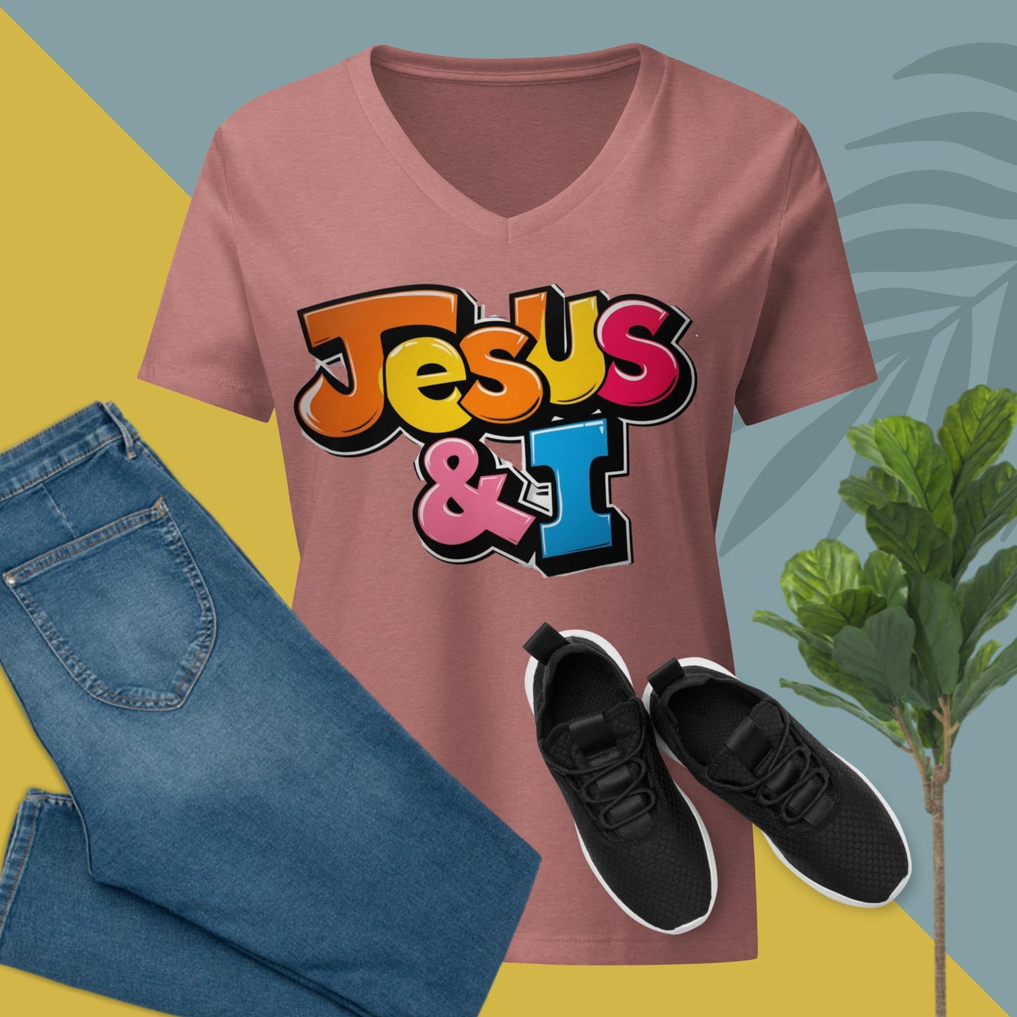 Jesus& I Large Print Color Cartoon Fun Font Women’s relaxed v-neck t-shirt