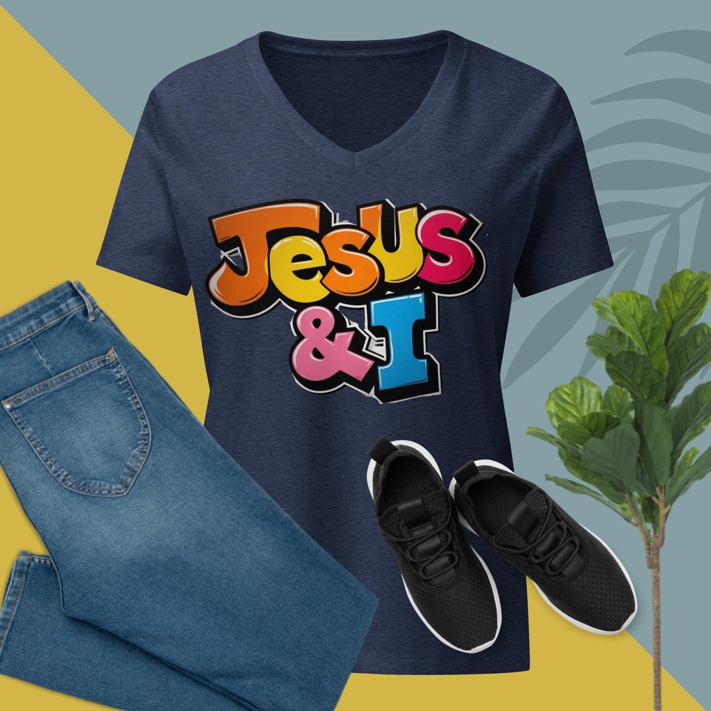 Jesus& I Large Print Color Cartoon Fun Font Women’s relaxed v-neck t-shirt