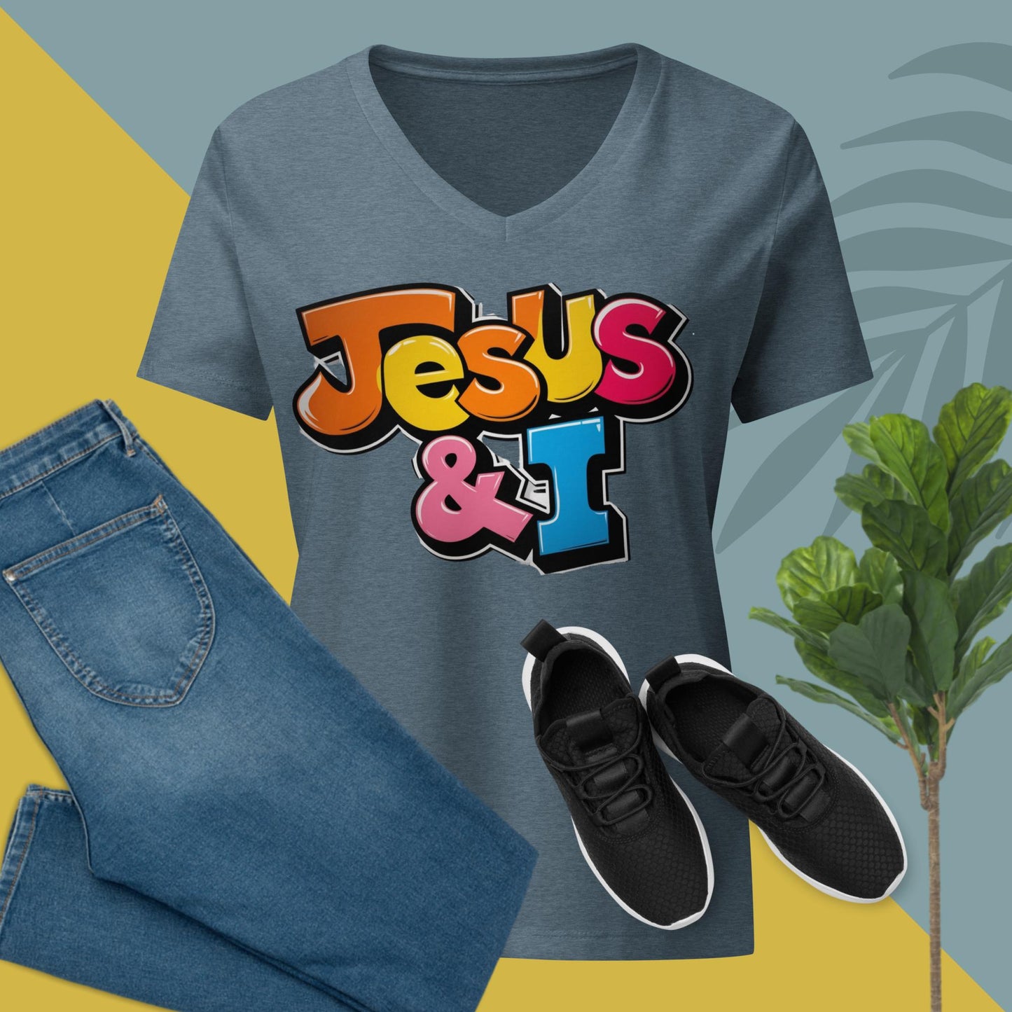 Jesus& I Large Print Color Cartoon Fun Font Women’s relaxed v-neck t-shirt