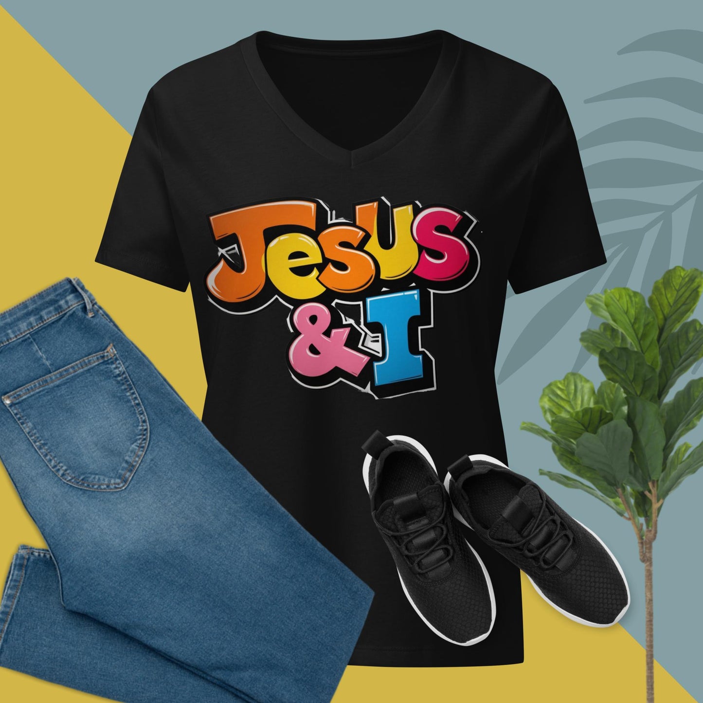 Jesus& I Large Print Color Cartoon Fun Font Women’s relaxed v-neck t-shirt