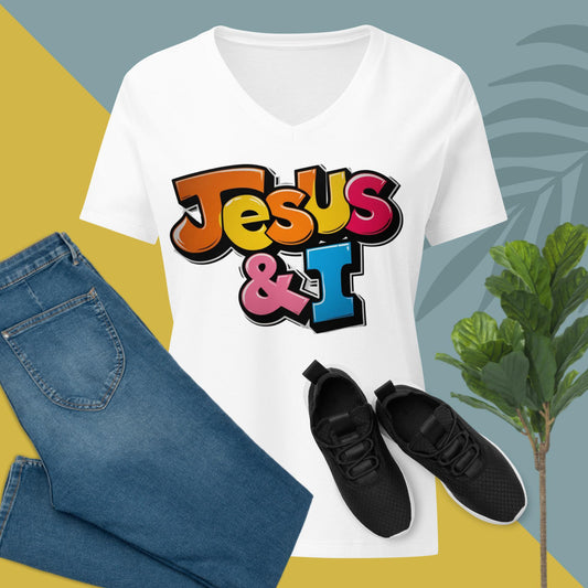 Jesus& I Large Print Color Cartoon Fun Font Women’s relaxed v-neck t-shirt